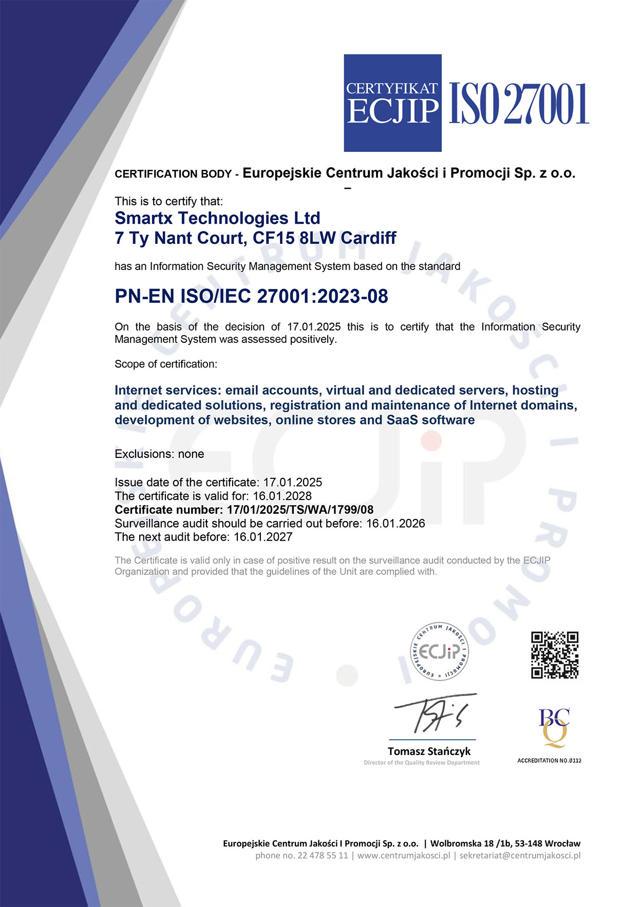 Smartx Technologies Ltd - ISO/IEC 27001:2022 certificate