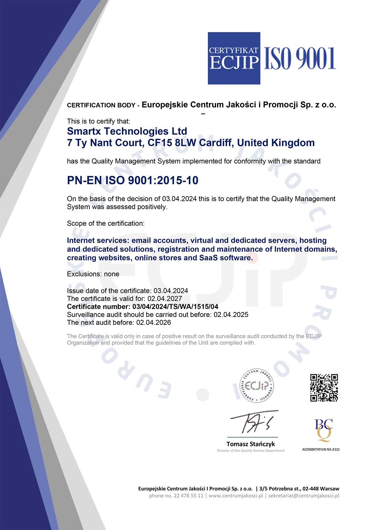 Smartx Technologies Ltd - ISO 9001:2015 certificate
